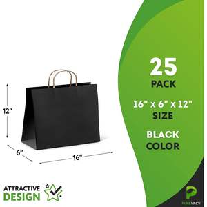 Bolsas de papel Kraft negras 16 \ "X 6 \" X 12 \ "Paquete a granel 25 Bolsas de compras de favor grandes Asas Bolsas de papel artesanales recicladas para pequeñas - Product Image 2