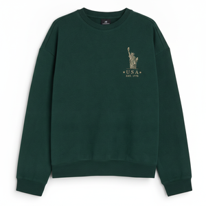 Sudadera de Cuello Redondo HERITAGE Verde Bosque con Bordado de la Estatua de la Libertad, Personalizada OEM ODM para Hombre y Mujer - Product Image 1