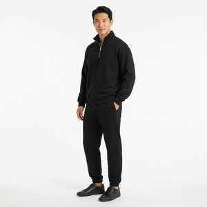 Conjunto de Sudadera Casual para Hombre, Color Negro Sólido, Sudadera con Cierre de Cremallera, Cuello Redondo, con Pantalones Deportivos - Product Image 4
