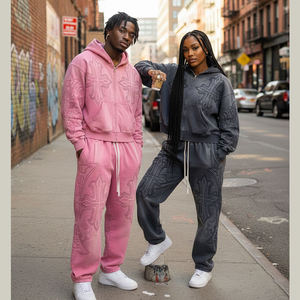 Custom OEM Custom Pattern 2 Piece <b>Set</b> <b>Embroidery</b> Streetwear 400 GSM Heavyweight Acid Washed Zipper Unisex Hoodie <b>Set</b> - Product Image 2