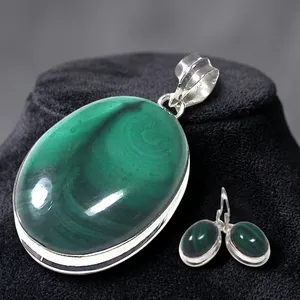 Gorgeous Malachite Sterling Silver Jewelry Set With Elegant Pendant Earrings Pretty Multicolor Gemstone Design For Women - Product Image 3