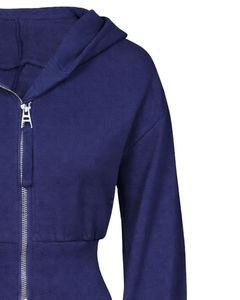 Womens Navy Blue <b>Cropped</b> <b>Zip</b> <b>Up</b> Hoodie Slim Fit Long Sleeve Casual Streetwear Cotton Fleece Sweatshirt Custom Logo ODM Factory - Product Image 4