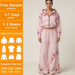 Ensemble de survêtement pour femme brodé floral, sweat à capuche court et pantalon large, style streetwear décontracté rose, manches longues, fermeture éclair sur le devant - Product Image 1