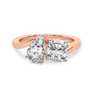 Hermoso Anillo de Oro Sólido de 14k/18k Cecelia con Dos Piedras en Forma de Cojín y Pera, Anillo de Diamantes Cultivados en Laboratorio Toi et Moi, Joyería para Mujer - Product Image 5