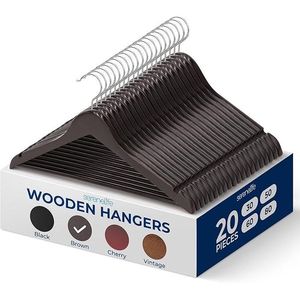 SereneLife 20 cintres en bois brun antidérapants, robustes, pour costumes et manteaux, avec crochets pivotants à 360 degrés et encoches chromées - Product Image 1