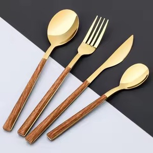 Ensemble de couverts élégants en métal avec manche en bois, en acier inoxydable, cuillère, fourchette, couteau, vaisselle de table haut de gamme pour la cuisine - Product Image 2