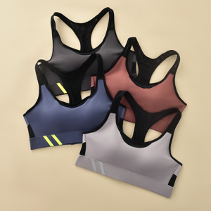 Soutien-gorge de sport bordeaux pour femme avec bordure noire et rayures argentées, soutien moyen pour l'entraînement - Product Image 2