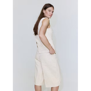 Shorts Bermuda rayés pour femmes, taille haute, fermeture boutonnée, 100% coton, tissu Oxford, coupe classique avec poches - Product Image 4