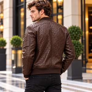 High Quality <b>Mens</b> Dark <b>Brown</b> Embossed Cow <b>Leather</b> Stand Bomber <b>Jacket</b> Custom Wholesale Outerwear Autumn Best Silk Lining - Product Image 3