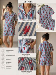 Grey Stripes <b>Crab</b> Print Hand Block Night Suit Set Women Short Sleeve Shirt Shorts Casual Handmade Cotton Masterpiece Sleepwear - Product Image 5