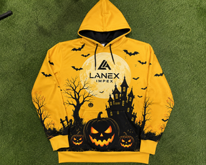 Sweat à capuche unisexe personnalisé jaune Halloween Citrouille Maison Hantée, en polyester, style gothique streetwear, par sublimation - Product Image 6