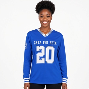 Camiseta de Manga Larga Zeta Phi Beta para Mujer, Azul Rey y Blanco, Estilo Fútbol Americano, Cuello en V, Puños a Rayas, Escudo de la Hermandad - Product Image 1
