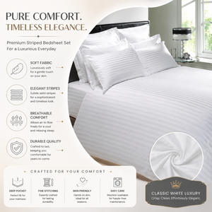 Sábana de Algodón a Rayas Blanca Clásica Pura de 210 Hilos |   Juego de Ropa de Cama Suave y Transpirable de Estilo Hotel Premium para una Comodidad Atemporal en el Dormitorio - Product Image 5