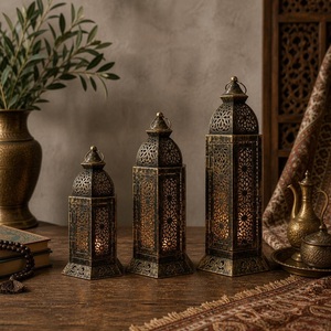 Moroccan Brass <b>Lantern</b> <b>Set</b> Rectangular Intricate Cutwork Design Warm Candle Glow Home Decoration Durable - Product Image 6
