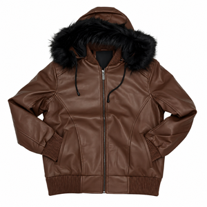 Men's Zip Up Leather Look Bomber <b>Jacket</b> Winter <b>Hooded</b> Coat with Black Faux <b>Fur</b> Trim Rib Knit Cuffs and Hem for Cold Weather Wear - Product Image 1