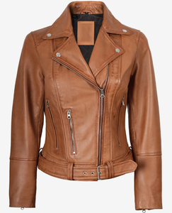 <b>Womens</b> Tan Genuine Leather Slim Fit Biker <b>Jacket</b> Asymmetrical Zip Solid Embossed Premium Quality Custom OEM Wholesale - Product Image 1