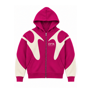 Sudadera con capucha unisex de color magenta con paneles en contraste, estilo streetwear, con cremallera completa, manga larga, personalizada, informal, de forro polar, con bolsillos. - Product Image 1