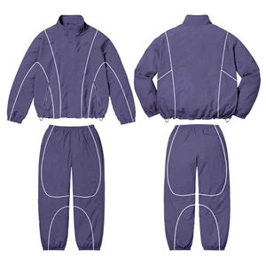 Ensemble de survêtement unisexe violet imprimé, veste à col montant avec cordon de serrage, pantalon long, passepoil contrastant, décontracté, hiver, respirant, séchage rapide - Product Image 1