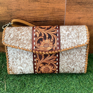 New Hand-Tooled Leather Large Clutch <b>Women's</b> Crossbody Bag Western Boho <b>Hair</b> on Cowhide Hand Stitch Genuine Leather Floral Purse - Product Image 4