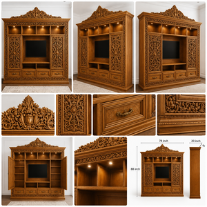 Luxury Indian Heritage Wooden TV Wall <b>Unit</b> with Intricate Carving And Storage Cabinets Classic Teak Wood TV <b>Unit</b> Manufacturer UK - Product Image 3