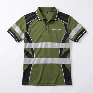 เสื้อโปโลสะท้อนแสงสีเขียวมะกอกสำหรับผู้ชาย แขนสั้น แต่งแถบสีดำ ชุดทำงาน รับผลิตตามสั่ง ขายส่ง - Product Image 5