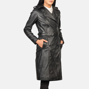 High Quality Wholesale <b>Women's</b> Jackets Stylish Genuine Leather Black <b>Double</b> <b>Breasted</b> Leather <b>Coat</b> Custom Logo Colors OEM - Product Image 4