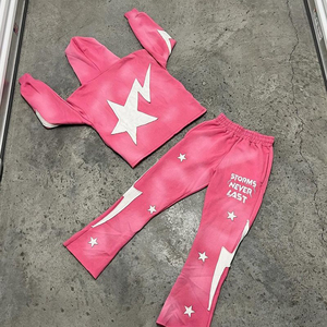 Acid Wash Sweatsuit for Men Zipper Hoodie and Flared Sweatpants Set Distressed Patch Streetwear Tracksuit Cotton Oversized - Product Image 5