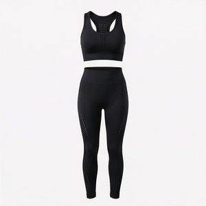 <b>Women</b> <b>Black</b> Seamless Yoga Set 2 Piece Racerback Crop Top High Waist <b>Leggings</b> Perforated - Product Image 1