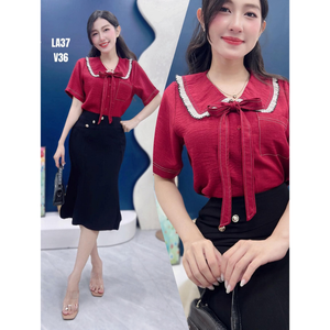 เสื้อเชิ้ตเดนิมแขนสั้นสำหรับสาวทำงาน คอปกแบบกะลาสีพร้อมโบว์ผูก  แบบลำลองสำหรับใส่ทำงานหรือวันสบายๆ - Product Image 1