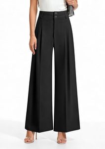 Pantalones anchos de cintura media para mujer, negros lisos de lona, casuales, plisados, de largo completo, ajuste holgado, cintura elástica, estilo lavado para otoño - Product Image 2