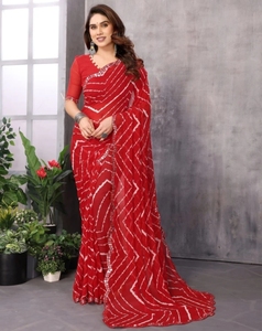 Sari de Rayón Estampado KV, Estilo Bollywood (Rojo y Blanco), Sin Arrugas, para Fiestas - Product Image 6