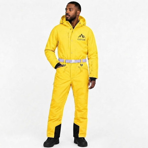 Combinaison de ski jaune imperméable en polyester avec logo personnalisé OEM pour femmes, combinaison d'hiver à capuche avec ceinture et poches - Product Image 1