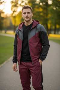 Conjunto Deportivo Unisex Cortavientos con Capucha, Estampado con Bloques de Color, Manga Larga, Bolsillos Laterales y Cremallera Frontal para Primavera - Product Image 3