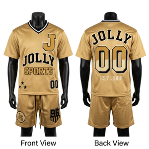 High quality athletic mesh jersey and shorts <b>set</b> golden tone accents ribbed collar stitched applique logo short <b>set</b> for men's - Product Image 5