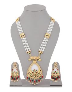 Indian Gold Plated Zinc Alloy Long Necklace Earring Set Traditional Ethnic Women's Wedding Jewelry Zircon Flower Design Channel - Product Image 5