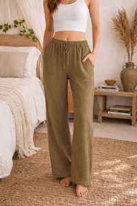 Women's Mid Waist Wide Leg Corduroy <b>Pants</b> 100% Cotton Loose Fit Drawstring Solid Color With Pockets Casual Style - Product Image 4