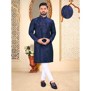 KURTA EN COTON DE SOIE AVEC PAYJAMA BLEU - Product Image 1