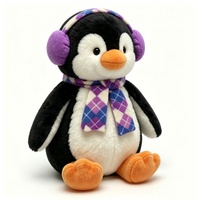 Winter penguin plush toy, stuffed penguin, argyle scarf plush, purple earmuffs penguin, soft fluffy stuffed animal