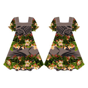 Custom Eco-Friendly Solid Polynesian Printed Breathable Short Puffy Sleeve Mumu Dress Natural Waist Collar Micronesian Style - Product Image 3