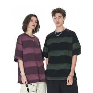 เสื้อยืดคอกลมแขนสั้นลายทางทรงโอเวอร์ไซส์ ผ้าฝ้าย 100% หนา 220 กรัม สำหรับผู้ชายและผู้หญิง สวมใส่สบายๆ - Product Image 1