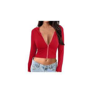 Veste courte en tricot côtelé extensible pour femme, sweat à capuche zippé, coupe ajustée, manches longues, tenue décontractée pour femme - Product Image 3