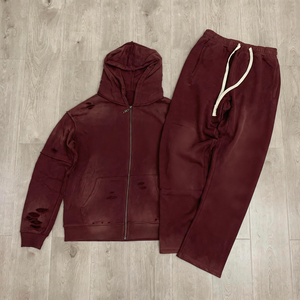 New Burgundy Loose <b>Acid</b> <b>Wash</b> Distressed Zip Up Hoodie and Sweatpants Tracksuit Set Streetwear - Product Image 1