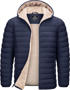 <b>Men</b> Winter Hooded Puffer <b>Jacket</b> Windproof Zipper Closure Casual Thick Polyester Fleece Lining <b>Sherpa</b> Inner Green <b>Men's</b> <b>Jackets</b> - Product Image 3