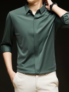 เสื้อเชิ้ตทรงเข้ารูปสำหรับผู้ชาย - ปกเงา แขนยาว ติดกระดุม ยืดหยุ่นได้ เหมาะสำหรับใส่ไปยิม ใส่ทำงาน และใส่ลำลองแบบสมาร์ทแคชวล - Product Image 3