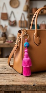 Pink Tassel Curtain <b>Tieback</b> with Turquoise Disc for Dark Blue Drapes - Product Image 2