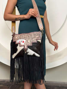 Sac en cuir de vachette repoussé à la main Western Fringe Crossbody Aces Purse Hand Tooled Leather Floral Aces Bi-fold Wallet Women Set - Product Image 3