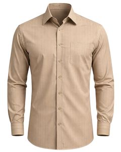 Camisa de Vestir Beige Sólida Personalizada para Hombre, Corte Entallado, Botones, Manga Larga, Ropa Formal de Oficina, Mezcla de Algodón, Fabricante OEM Personalizado - Product Image 1