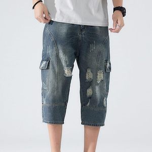 Pantalon Capri Rétro en Jean pour Homme – Short en Jean Tricoté Extensible Effet Vieilli Coupe Ample pour Homme - Product Image 3