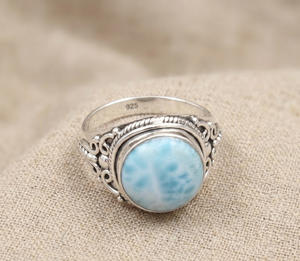Natural Larimar Statement <b>Ring</b> <b>925</b> Sterling <b>Silver</b> Vintage Filigree Handmade Gemstone <b>Ring</b> Women Jewelry Gift for Men Unisex Her - Product Image 2