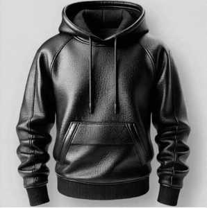 Veste à capuche en cuir PU noir pour homme avec poche avant, style streetwear - Product Image 3